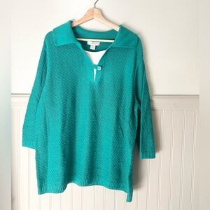 ⭐️ NEW CJ Banks 2X Teal V Neck Knit Pullover Blouse 3/4 Sleeve